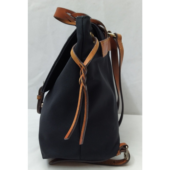 Dooney & Bourke Black Nylon Leather Trim Buckle Flap Closure Backpack